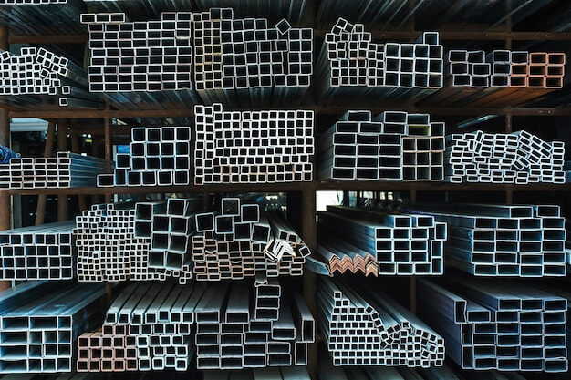 Diferentes tipos de aço em barras armazenados em um estoque