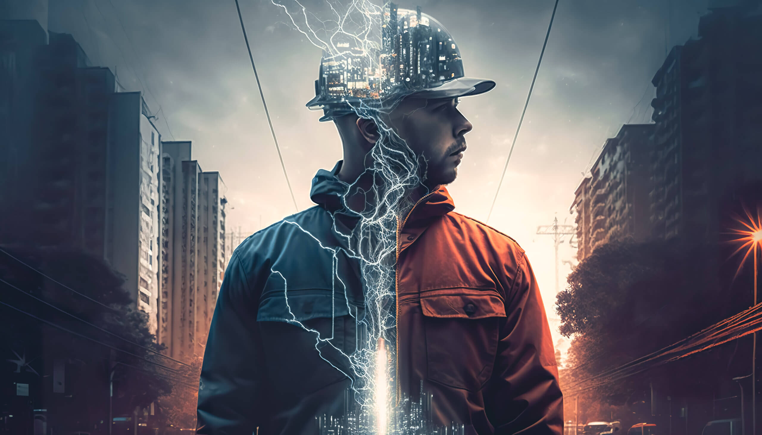 Foto de um técnico elétrico em meio a elementos que representam eletricidade