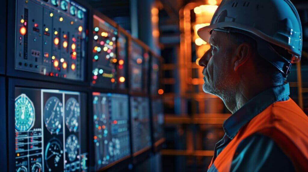 Homem de chapéu de segurança e jaqueta laranja monitorando painéis de controle em uma instalação industrial, ambiente de alta tecnologia e segurança.