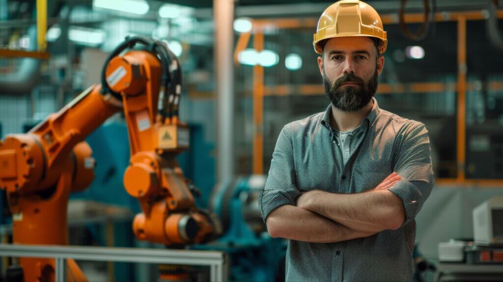 Homem com barba, usando capacete de segurança, analisando uma linha de produção automatizada com braço robótico em ambiente industrial.